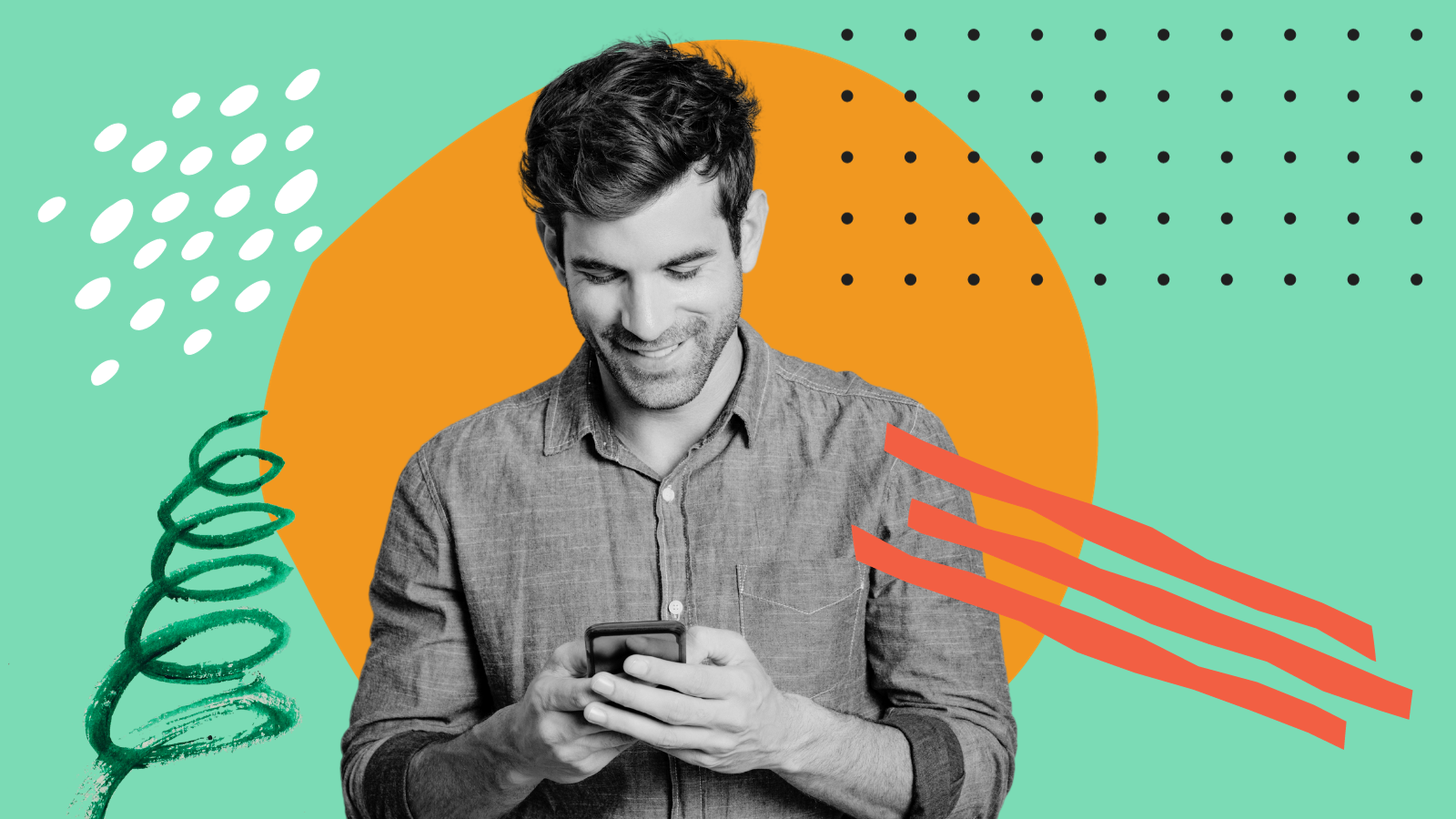 Análitica WEb: COmo monitorear el desempeño de mi marca en línea 1 Un hombre mira estadisticas en un celular sobre un fondo abstracto