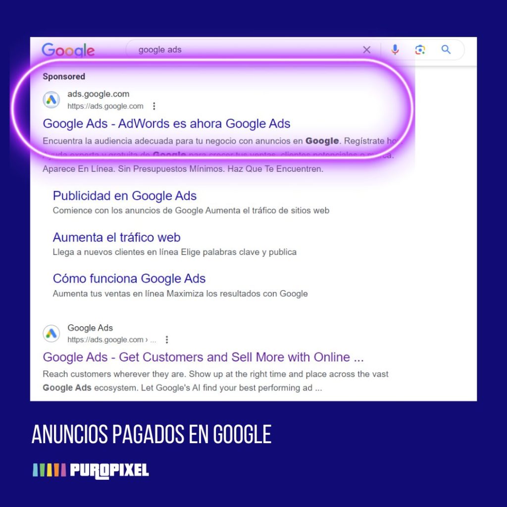 Captura de pantalla. Imagen muestra anuncios pagados en Google.