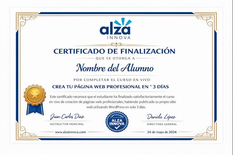 Ilustración de un certificado de finalización de curso de Alzademy.